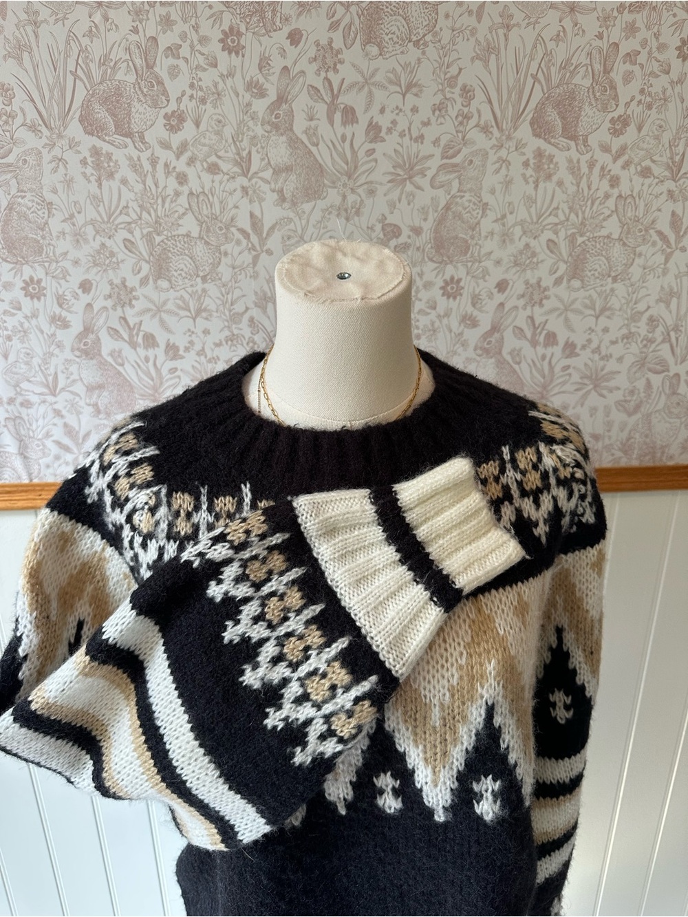 RD Style Black Cream Fair Isle Crewneck Sweater - Picture 5 of 8